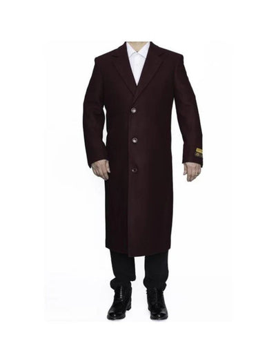 Men's Dress Coat Full Length Wool Dress Top Coat / Overcoat in Burgundy ~ Wine ~ Maroon Color