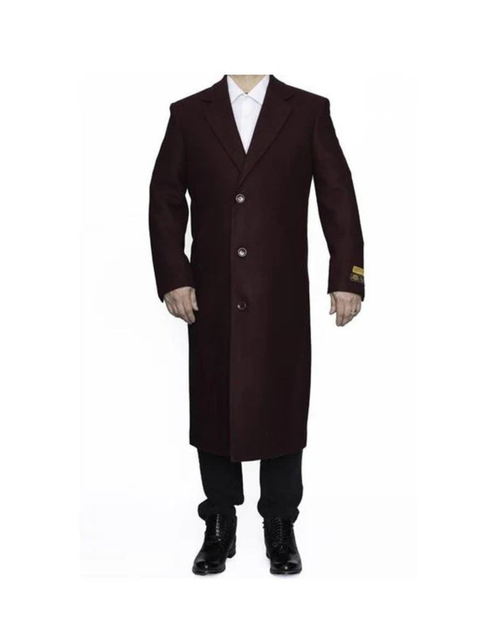 Men's Dress Coat Full Length Wool Dress Top Coat / Overcoat in Burgundy ~ Wine ~ Maroon Color
