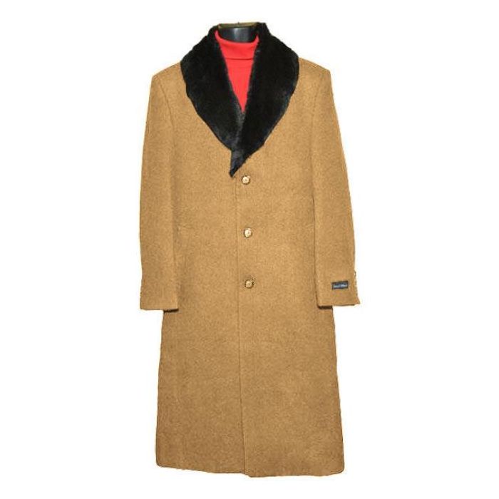Mens Dress Coat Fur Collar Camel Wool Full Length Overcoat ~ Long Men's coat - Coat Size 38
