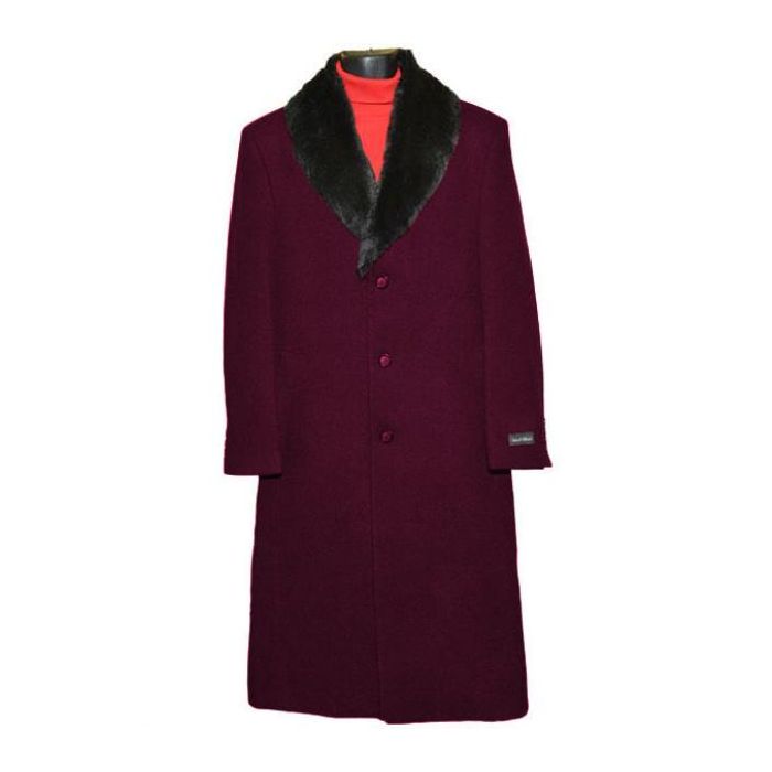 Mens Dress Coat Fur Collar Dark Burgundy Full Length Overcoat ~ Long Mens coat - Coat Size 38