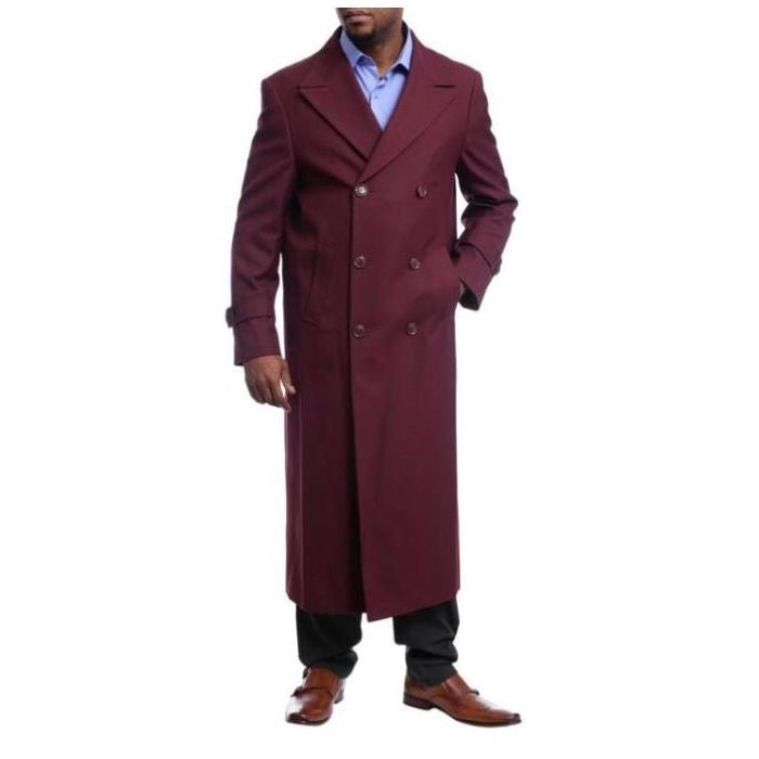 Men's Full Length Overcoat Burgundy Red Wool Gabardine Double Breasted Trench Coat