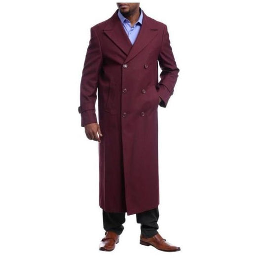 Men's Full Length Overcoat Burgundy Wool Double Breasted Trench Coat