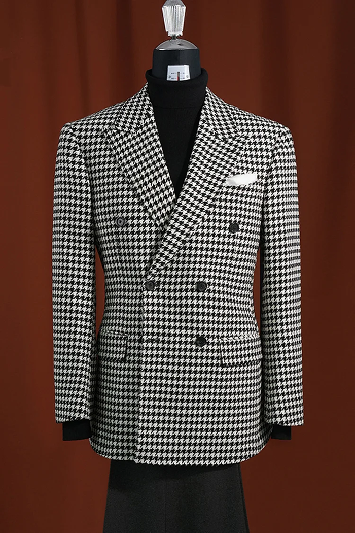 Modern Fit Mens Houndstooth Blazer100% Wool Black & White Sport Coat