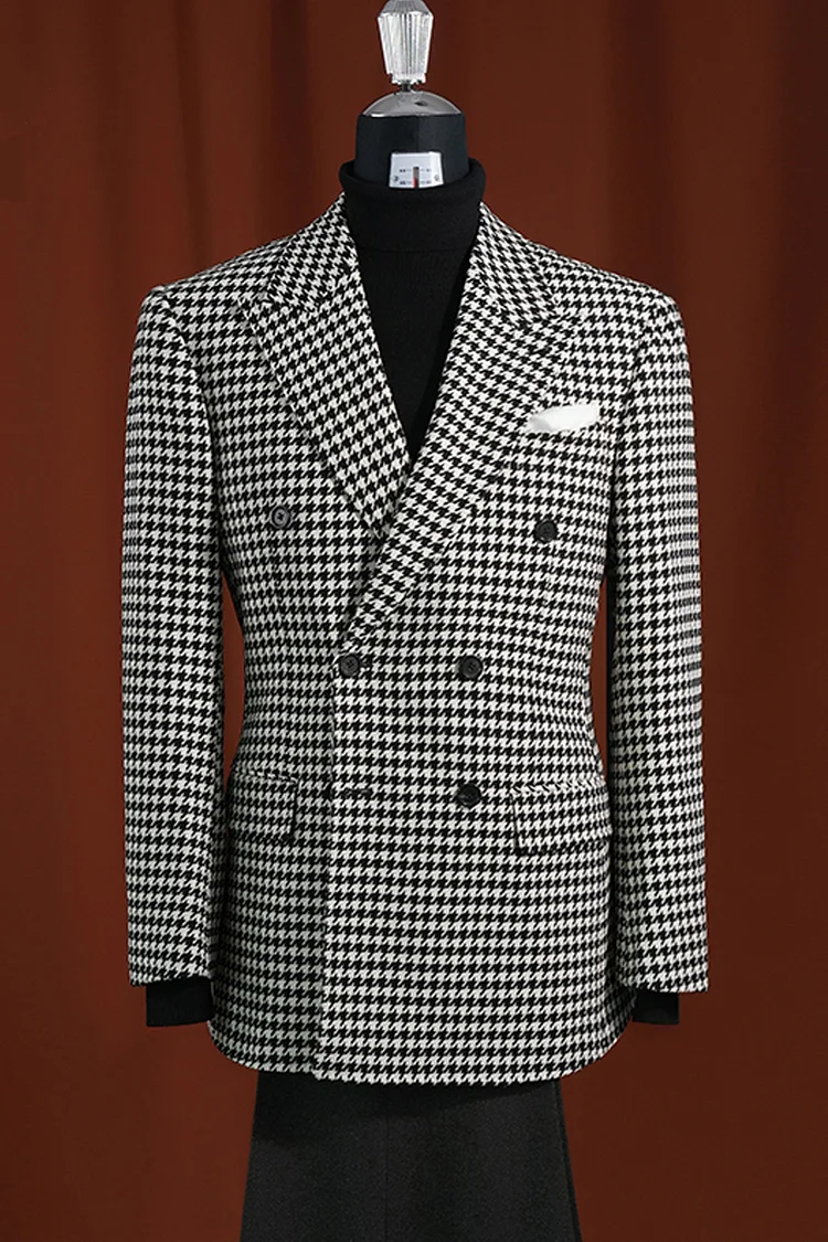 Modern Fit Men’s Houndstooth Blazer – 100% Wool Black & White Sport Coat - 36 Short