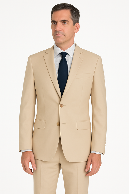 men's beige ultra slim suit side pose