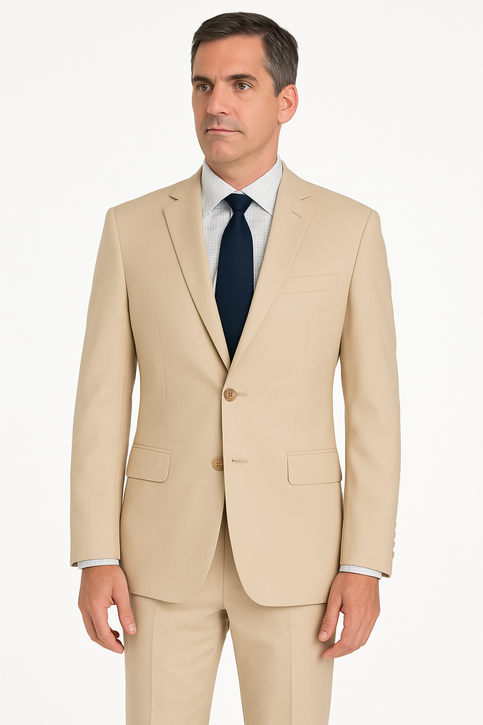 men's beige ultra slim suit side pose