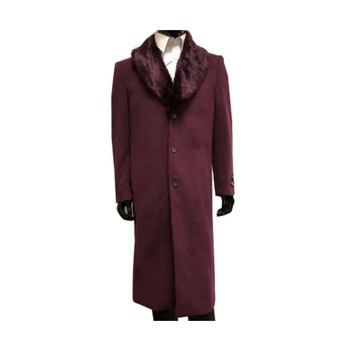 Mens Burgundy Wool coat And Overcoat With Fur Collar