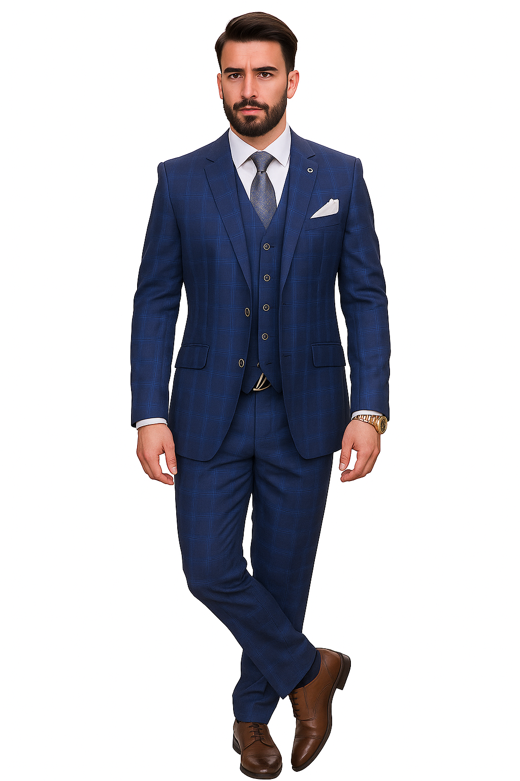 Windowpane Texture Business Pattern Modern Fit Side Vented Men's 3-Piece Wool Suit - Modern Fit Plaid - 34 Short or Extra Small