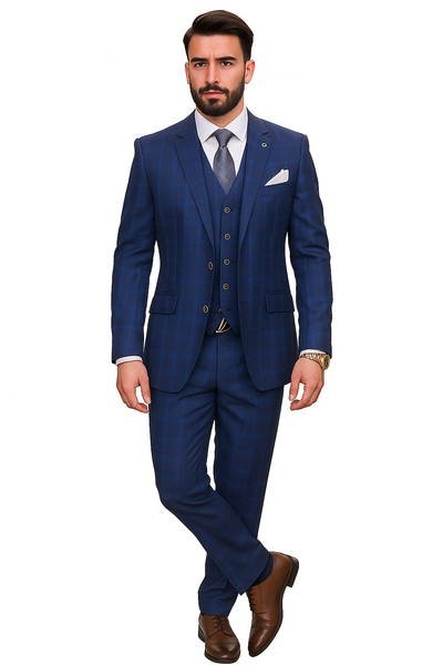 Windowpane Texture Business Pattern Modern Fit Side Vented Men's 3-Piece Wool Suit - Modern Fit Plaid