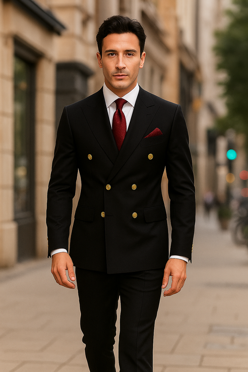 Mens Classic Wool Double Breasted Suit in Black