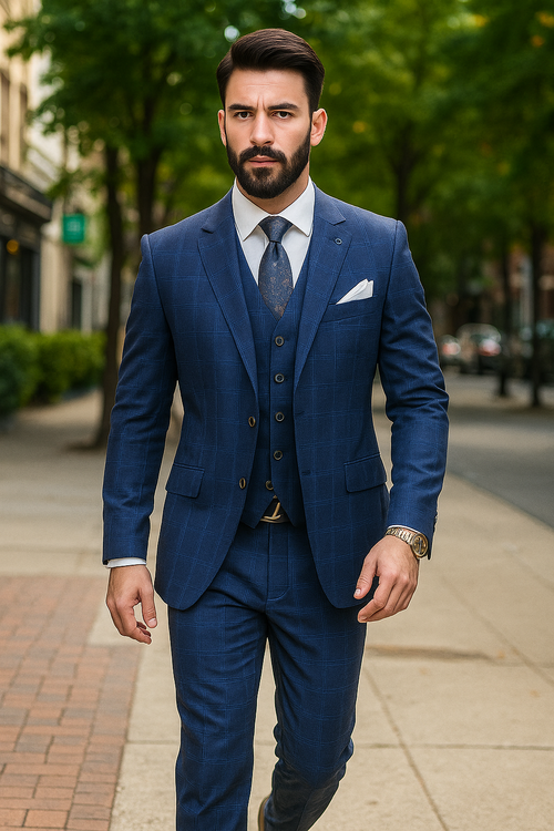 Windowpane Texture Business Pattern Modern Fit Side Vented Men's 3-Piece Wool Suit - Modern Fit Plaid