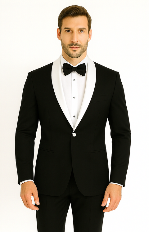 Men's 1 Button Contrast Shawl Tuxedo in Black & White