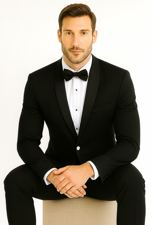 Men's 1 Button Contrast Shawl Tuxedo in Black & White