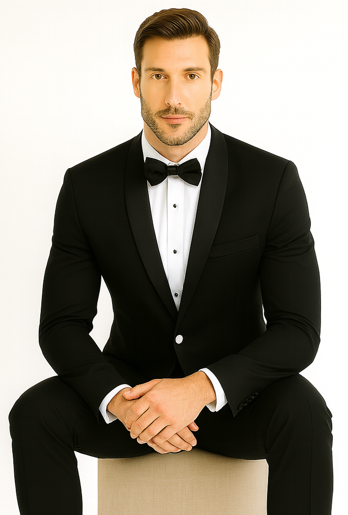 Men's 1 Button Contrast Shawl Tuxedo in Black & White - Short 34