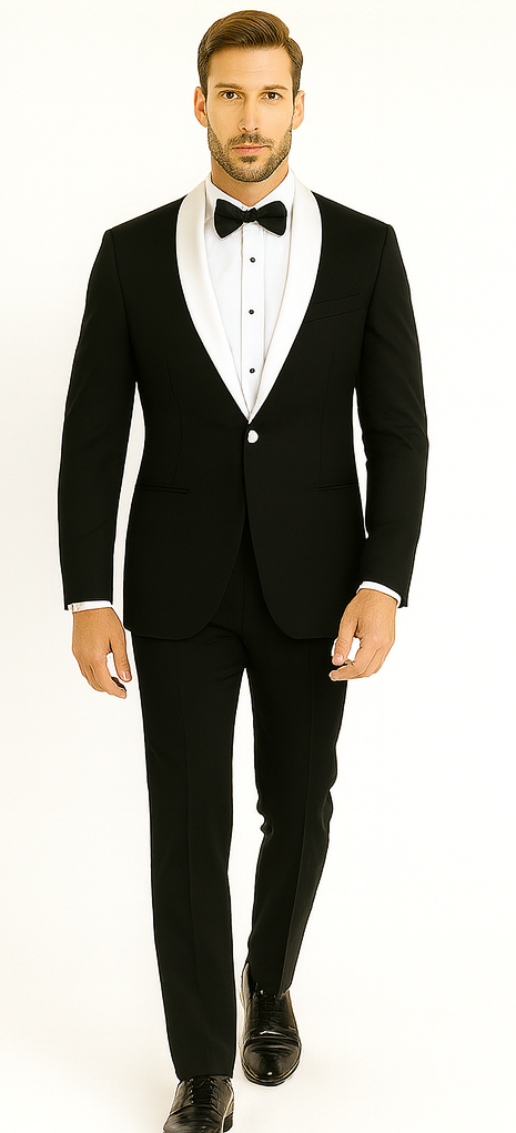 Men's 1 Button Contrast Shawl Tuxedo in Black & White - Short 34