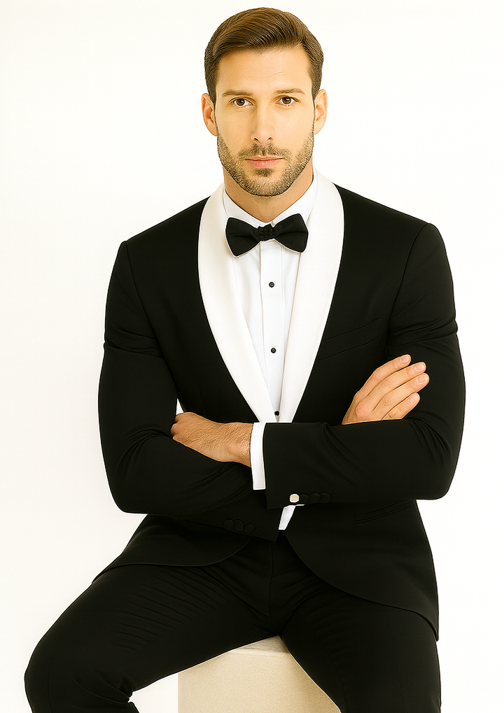 Men's 1 Button Contrast Shawl Tuxedo in Black & White - Short 34