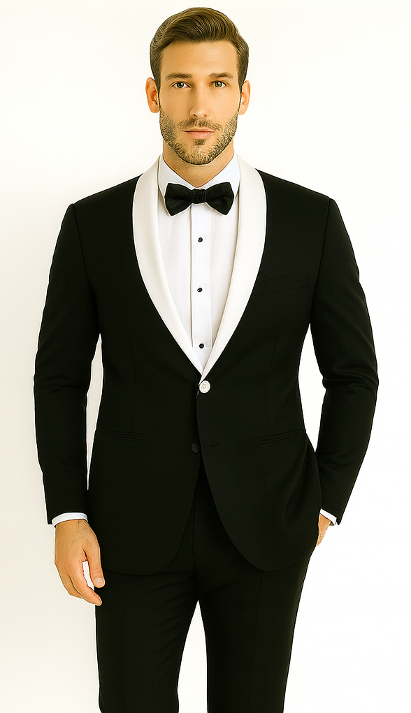 Men's 1 Button Contrast Shawl Tuxedo in Black & White - Short 34