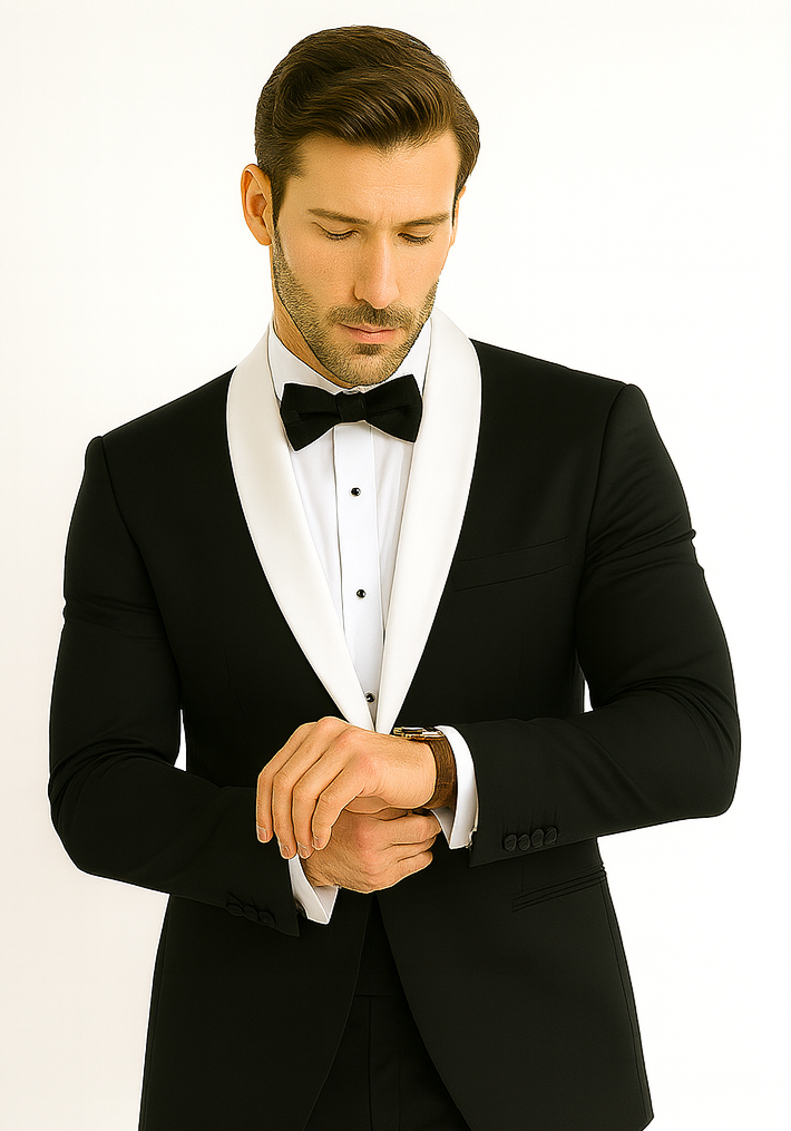 Men's 1 Button Contrast Shawl Tuxedo in Black & White - Short 34