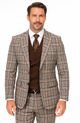 Tan Plaid Suit - Camel Khaki Color Windowpane Pattern Suit - Wool Suit - Double Breasted Vest Peak Lapel Side Vented Modern Fit