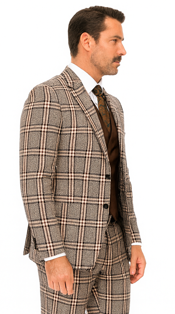 Tan Plaid Suit - Camel Khaki Color Windowpane Pattern Suit - Wool Suit - Double Breasted Vest Peak Lapel Side Vented Modern Fit