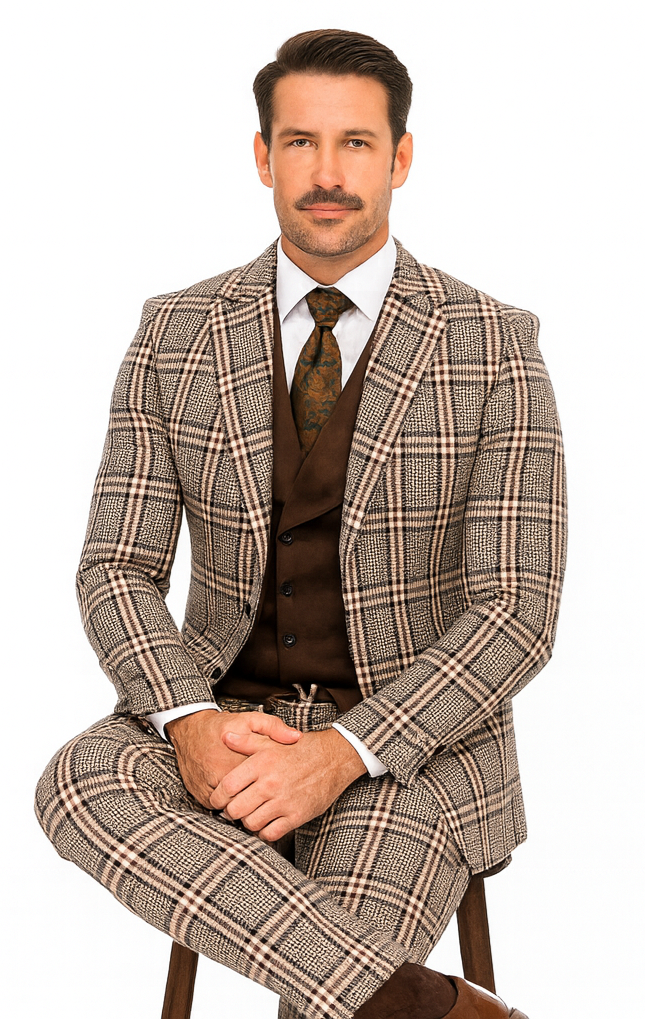 Tan Plaid Suit - Camel Khaki Color Windowpane Pattern Suit - Wool Suit - Double Breasted Vest Peak Lapel Side Vented Modern Fit