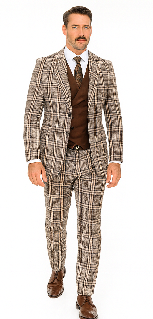 Tan Plaid Suit - Camel Khaki Color Windowpane Pattern Suit - Wool Suit - Double Breasted Vest Peak Lapel Side Vented Modern Fit - Coat Size 38