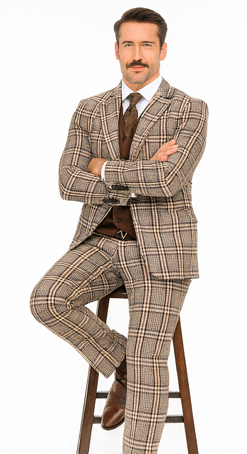 Tan Plaid Suit - Camel Khaki Color Windowpane Pattern Suit - Wool Suit - Double Breasted Vest Peak Lapel Side Vented Modern Fit