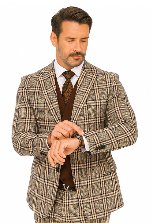 Tan Plaid Suit - Camel Khaki Color Windowpane Pattern Suit - Wool Suit - Double Breasted Vest Peak Lapel Side Vented Modern Fit