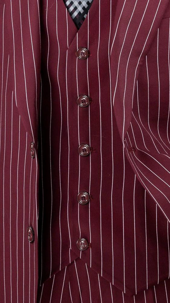Harlem Nights Suits for Men - Mens 1920s Gangster Stripe Suit Burgundy Vest Wedding F-V2RS9
