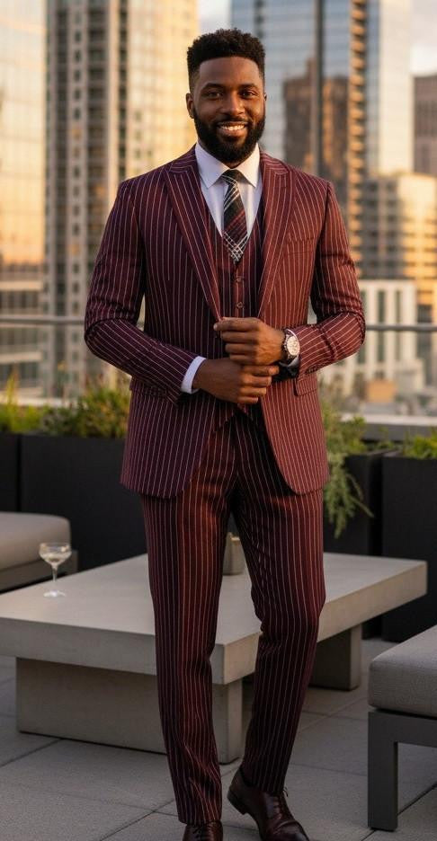 Harlem Nights Suits for Men - Mens 1920s Gangster Stripe Suit Burgundy Vest Wedding F-V2RS9 - 34 Short or Extra Small