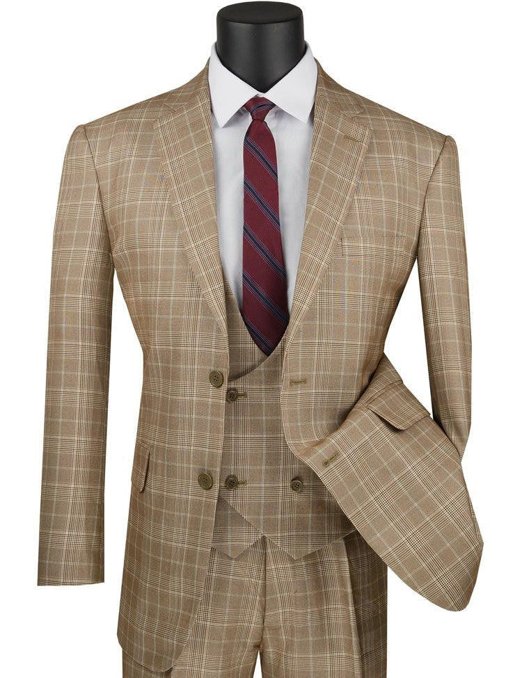 Harlem Nights Suits for Men - Mens 1930s Camel Plaid 3 Piece Suit Three Piece 1920s Low Cut Vest Vinci V2RW-7 - 34 Short or Extra Small