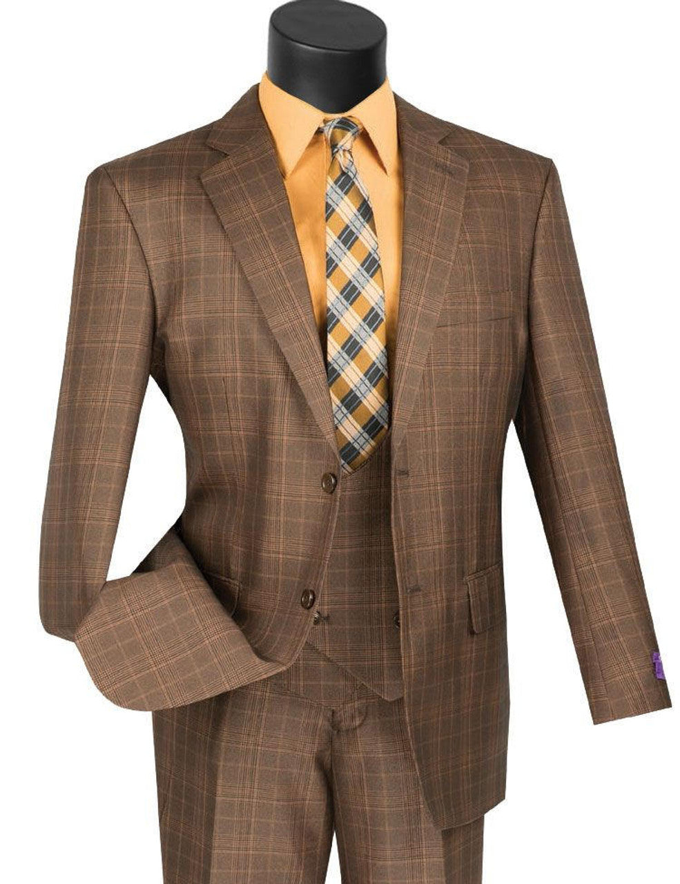Mens 1930s Chestnut Brown Plaid 3 Piece Dress Suit - 34 Short or Extra Small