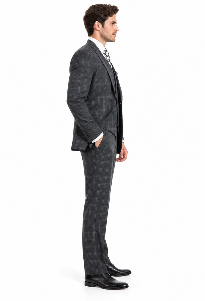 "Grey Windowpane Plaid Men's Double Breasted 2 Button Vest Suit"
