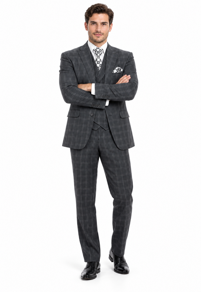 "Grey Windowpane Plaid Men's Double Breasted 2 Button Vest Suit"
