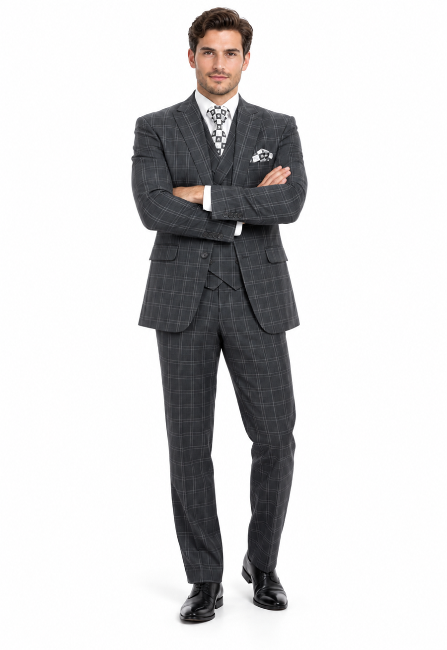 "Grey Windowpane Plaid Men's Double Breasted 2 Button Vest Suit"