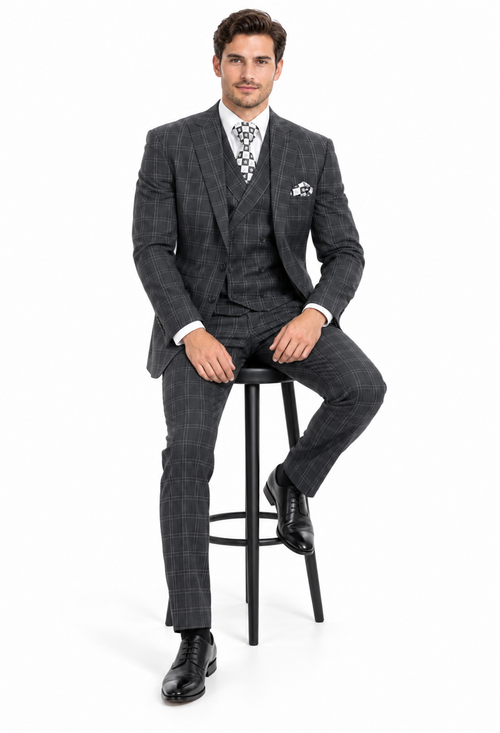 "Grey Windowpane Plaid Men's Double Breasted 2 Button Vest Suit"