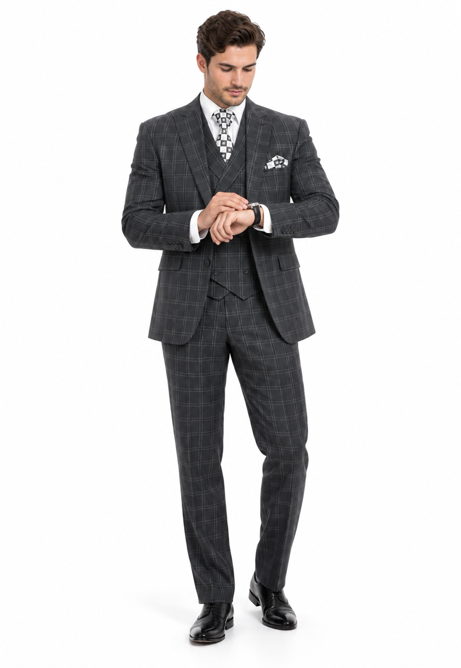"Grey Windowpane Plaid Men's Double Breasted 2 Button Vest Suit"
