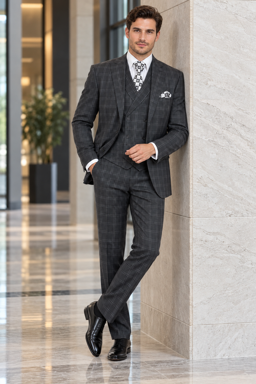 "Grey Windowpane Plaid Men's Double Breasted 2 Button Vest Suit"