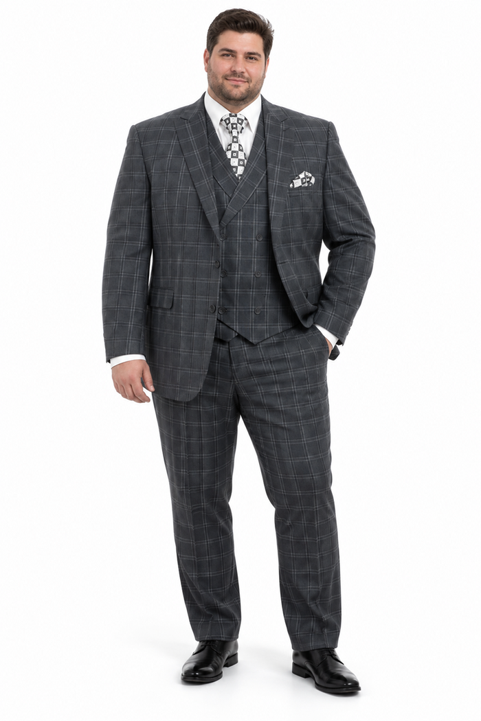 "Grey Windowpane Plaid Men's Double Breasted 2 Button Vest Suit"