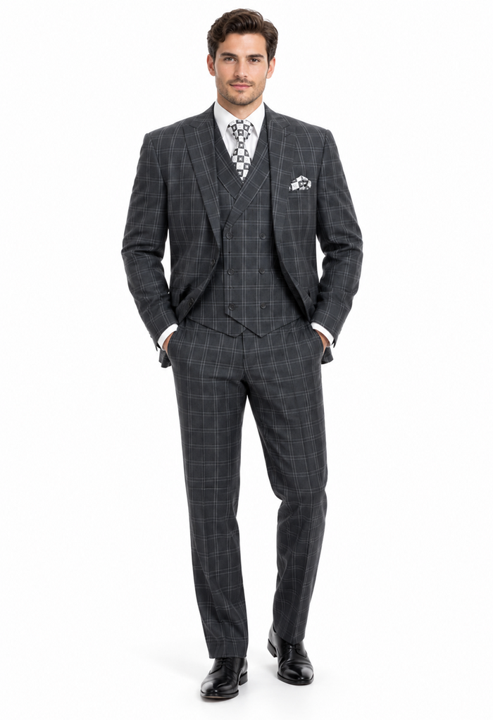 "Grey Windowpane Plaid Men's Double Breasted 2 Button Vest Suit"