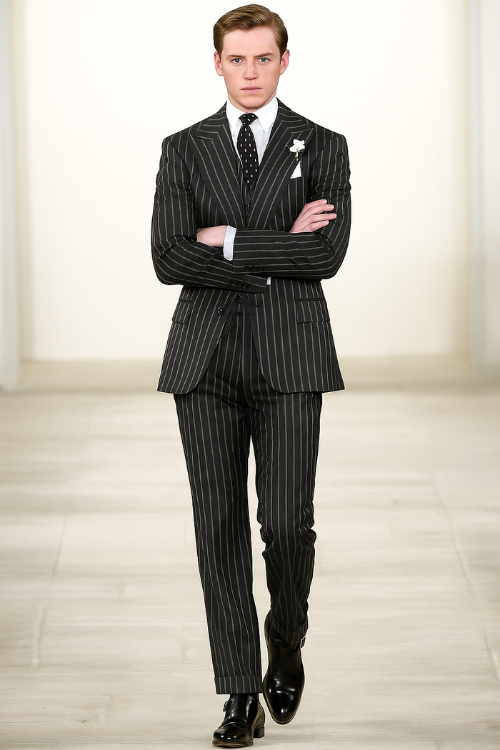 Mens 2 button Gangster Pinstripe homecoming Suit in Black and White