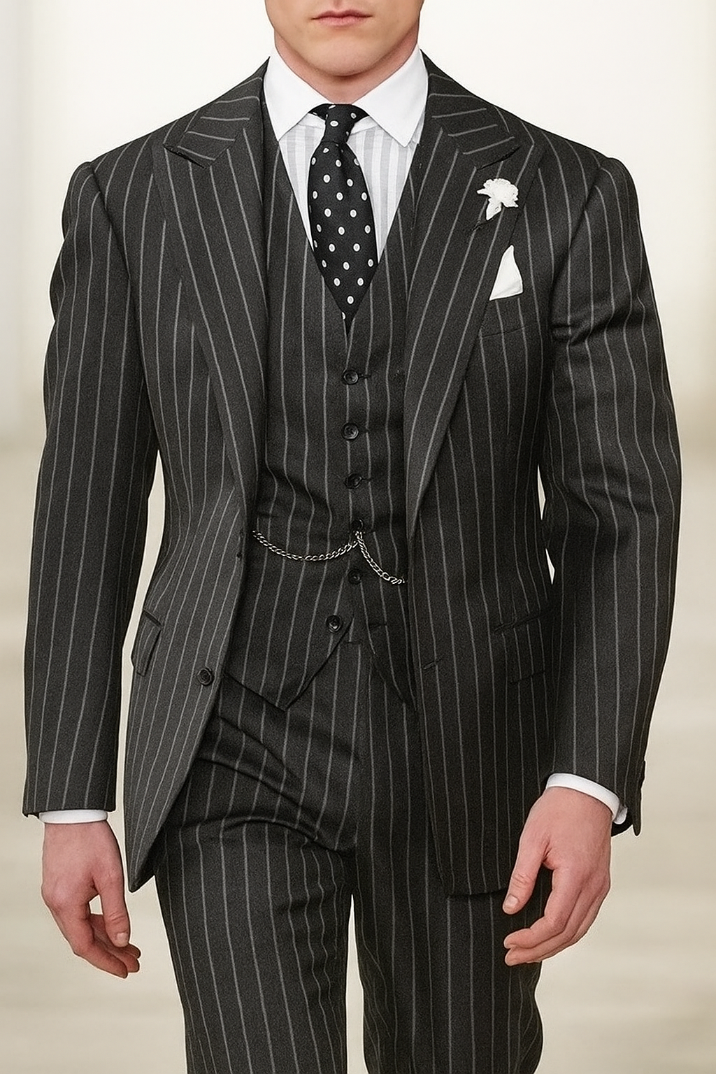 Mens 2 button Gangster Pinstripe homecoming Suit in Black and White - 38 Short Jacket+32 Waist Adjustable 28to34)(Height: 5 4 to5 7 )(Neck  15-16.5)S-M)