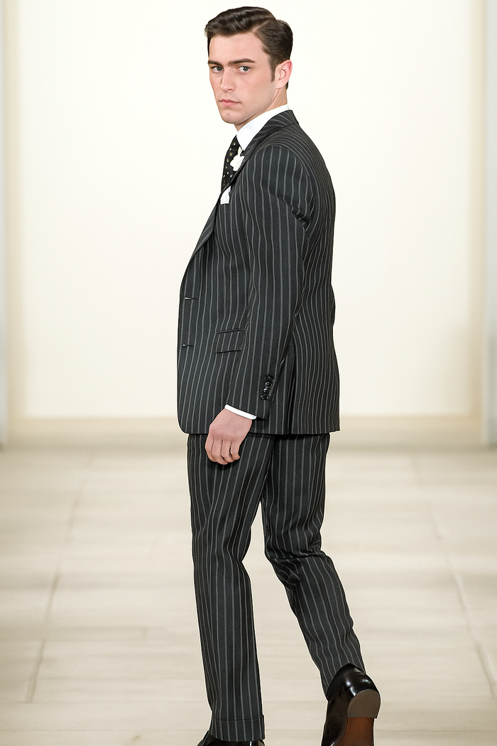 Mens 2 button Gangster Pinstripe homecoming Suit in Black and White