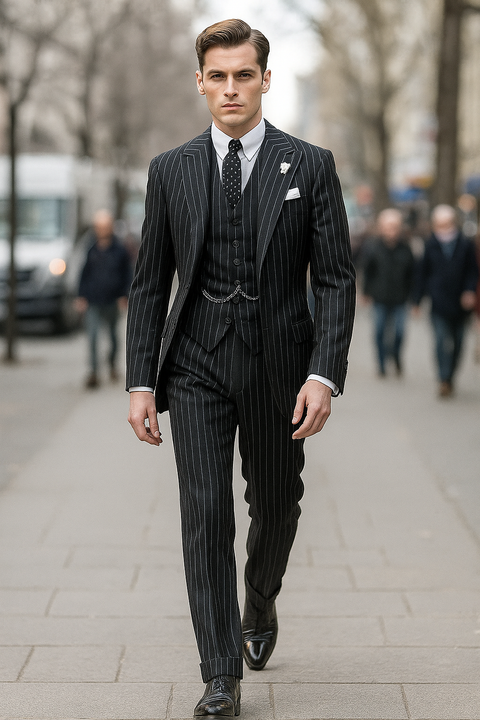 Mens 2 button Gangster Pinstripe homecoming Suit in Black and White