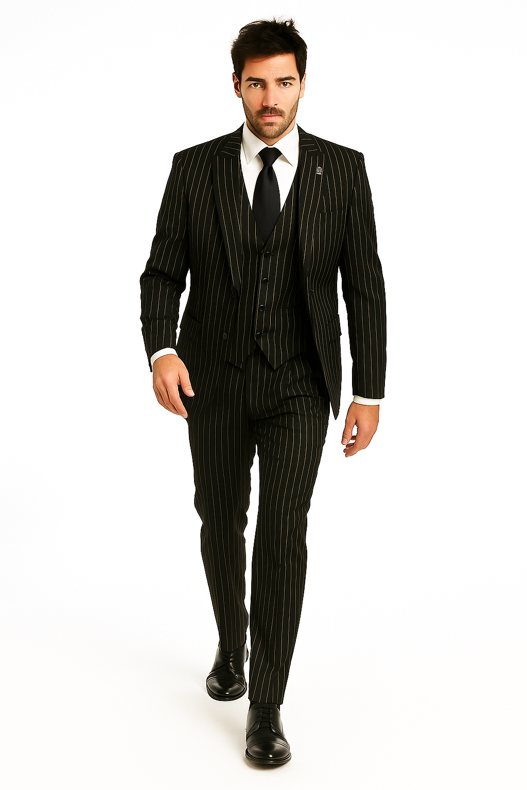 Mens 2 Button Gangster Pinstripe Pattern homecoming   Suit in Black - New Arrival - 38 Short Jacket+32 Waist Adjustable 28to34)(Height: 5 4 to5 7 )(Neck  15-16.5)S-M)