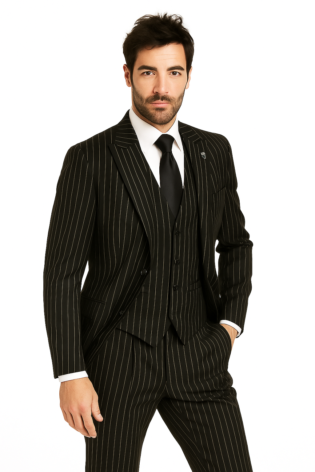 Mens 2 Button Gangster Pinstripe Pattern homecoming   Suit in Black - New Arrival - 38 Short Jacket+32 Waist Adjustable 28to34)(Height: 5 4 to5 7 )(Neck  15-16.5)S-M)