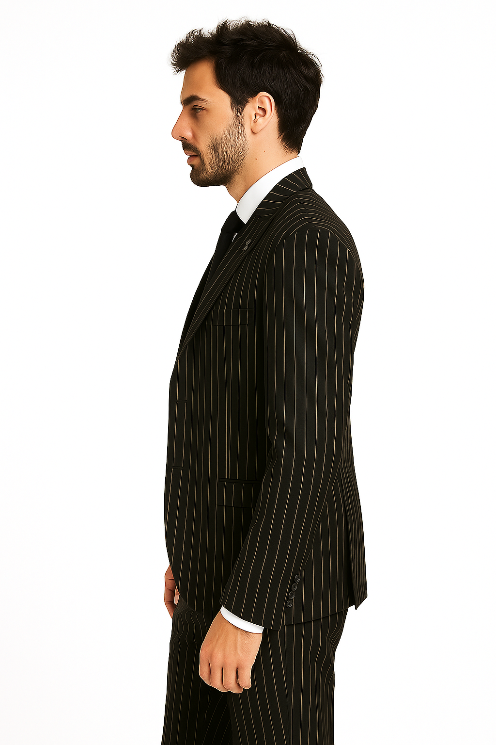 Mens 2 Button Gangster Pinstripe Pattern homecoming   Suit in Black - New Arrival - 38 Short Jacket+32 Waist Adjustable 28to34)(Height: 5 4 to5 7 )(Neck  15-16.5)S-M)