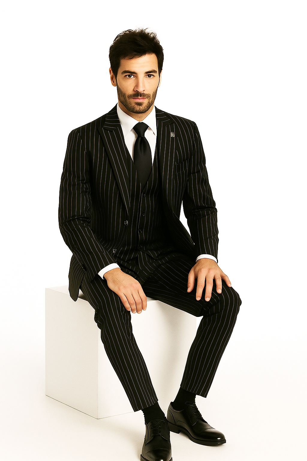 Mens 2 Button Gangster Pinstripe Pattern homecoming   Suit in Black - New Arrival - 38 Short Jacket+32 Waist Adjustable 28to34)(Height: 5 4 to5 7 )(Neck  15-16.5)S-M)