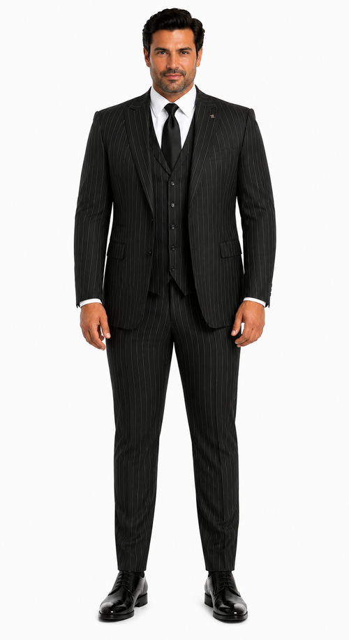 Mens 2 Button Gangster Pinstripe Pattern homecoming   Suit in Black - New Arrival