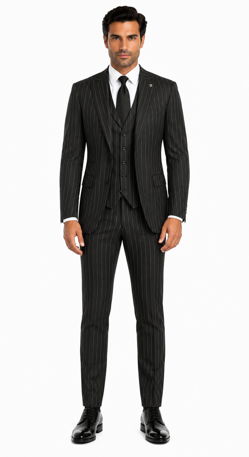 Mens 2 Button Gangster Pinstripe Pattern homecoming   Suit in Black - New Arrival